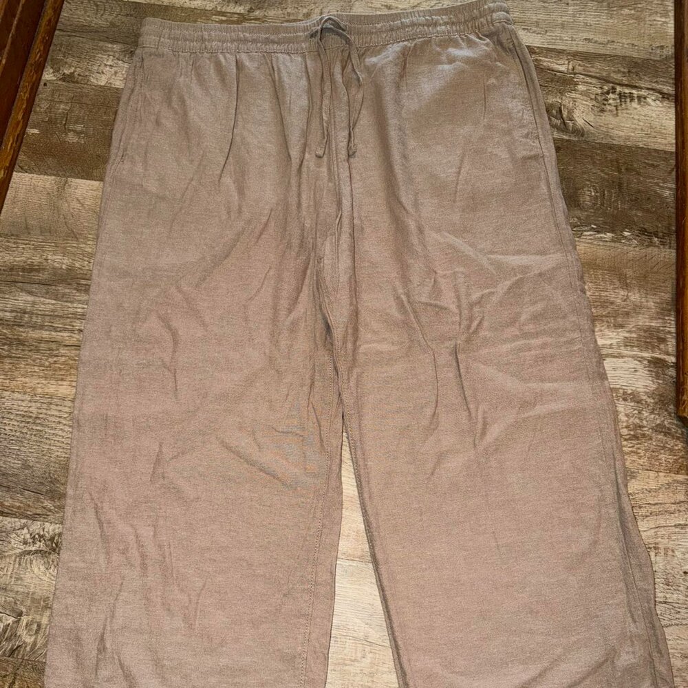 Khaki Linen Elastic Waist Wide Leg Pants NEW